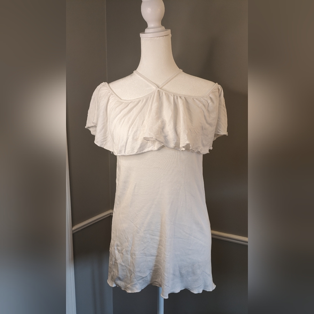 NWT Chaser Women's Size Medium Vintage Rib Cold Shoulder Ruffle Tank Top White